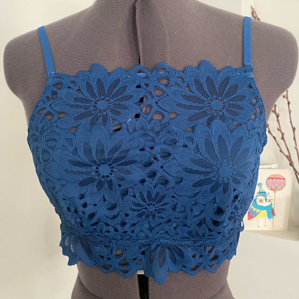 Aerie Blue Lace Floral Crop Bralette Top, S/P